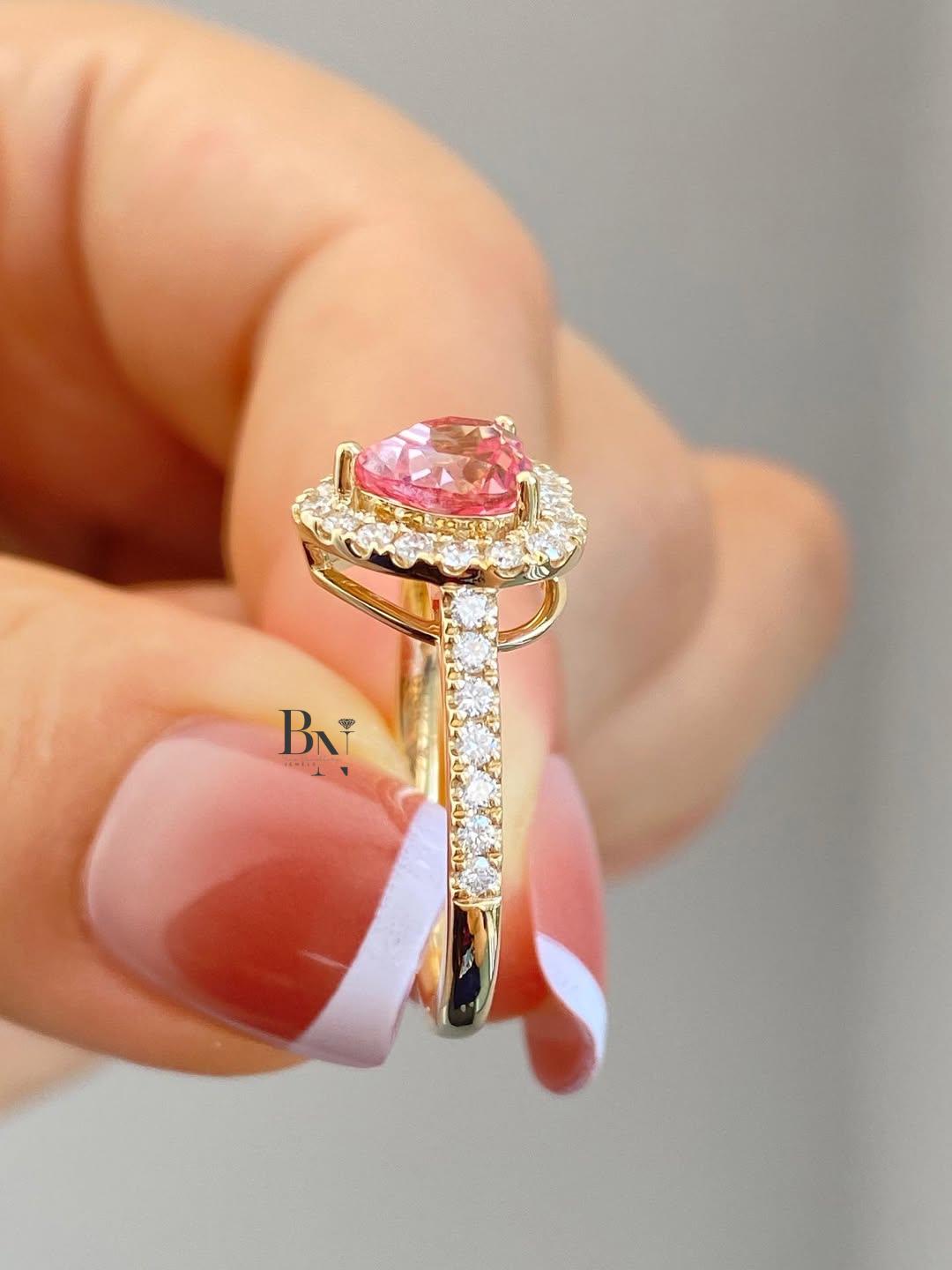 1.50 CT Heart IGI Certified Pink Lab Diamond Ring, Halo Engagement Ring, Yellow Gold Pave Band, Promise Ring For Her, Anniversary Gift