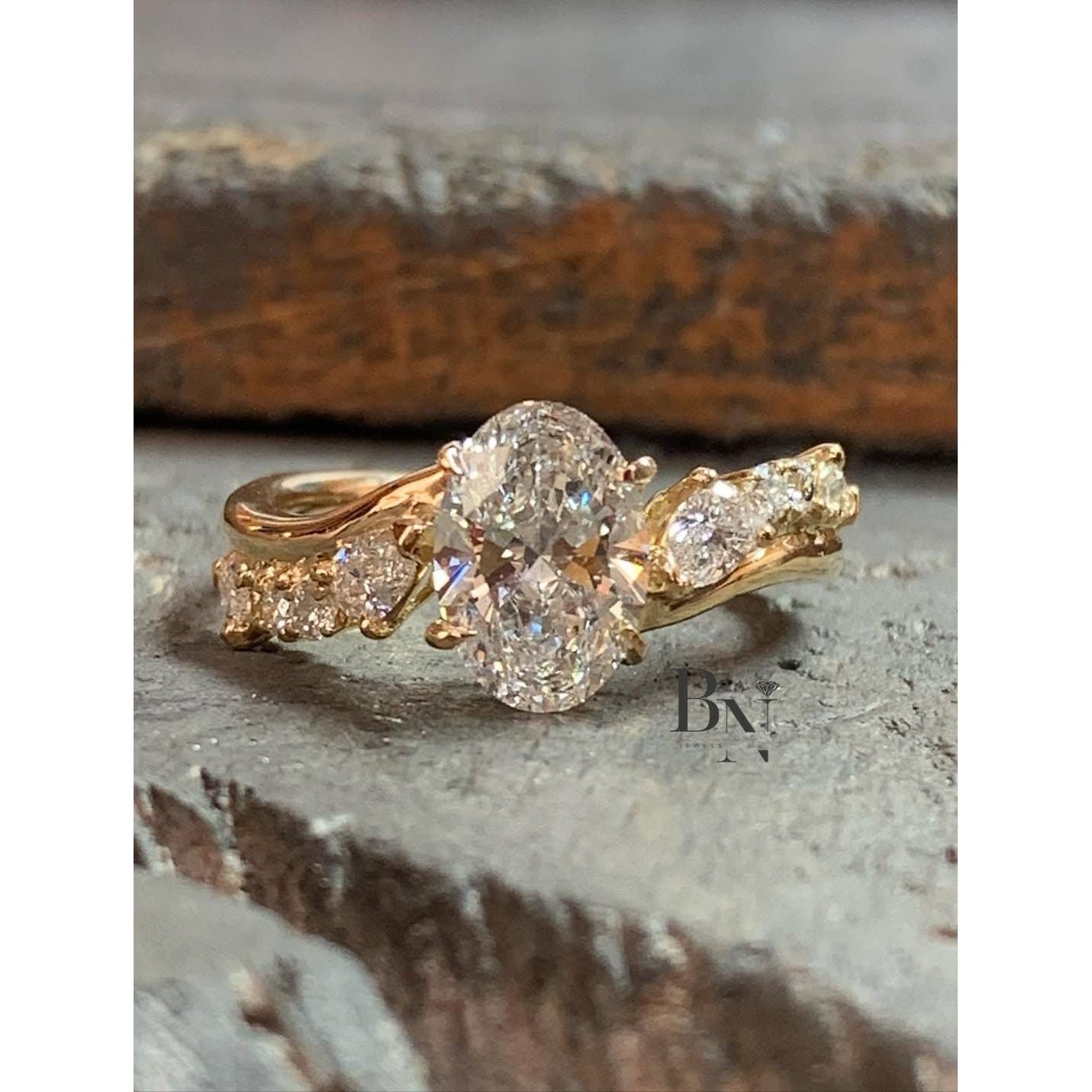 1.00 CT Oval Lab Grown Diamond Ring, Nature Inspired Engagement Ring, Asymmetrical Cluster Ring, Yellow Gold Wedding Ring, Gift For Women