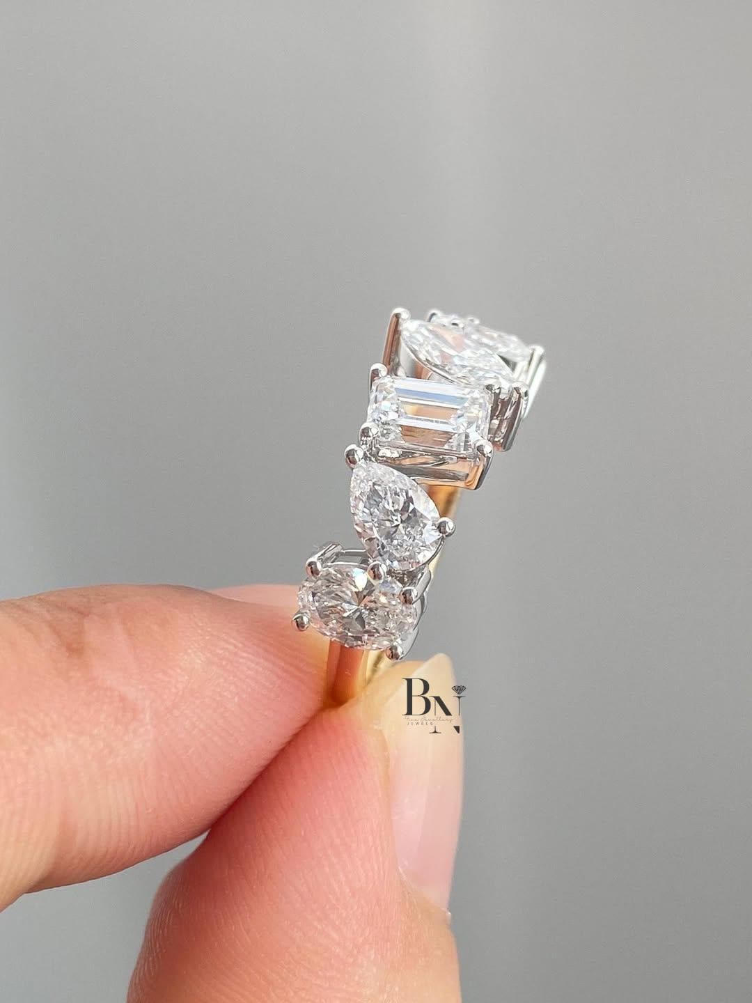 1.50 TCW Multi Shape Lab Grown Diamond Band, Unique Wedding Ring, Two Tone Statement Ring, Mixed Cut Diamond Band, Anniversary Gift