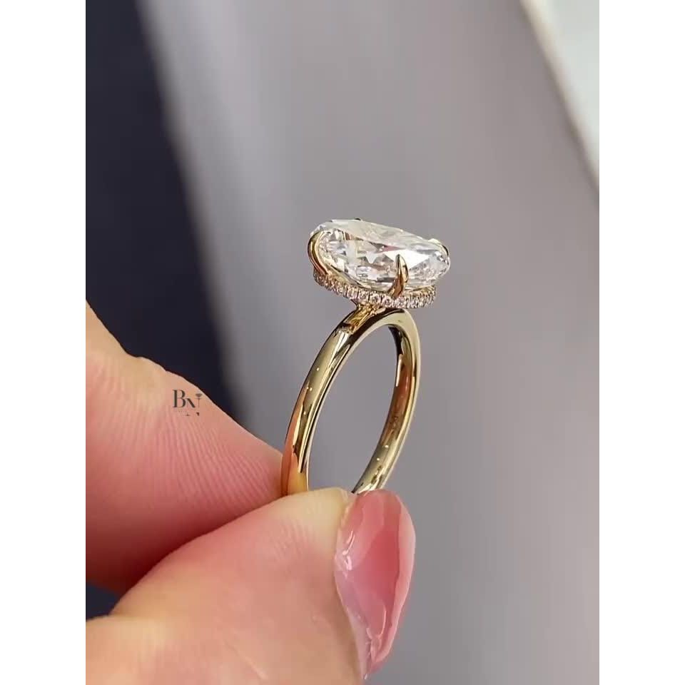 3.00 CT Oval IGI Certified Lab Diamond Ring, Hidden Halo Engagement Ring, 14k Yellow Gold Solitaire, Wedding Ring, Gift For Women, Dainty