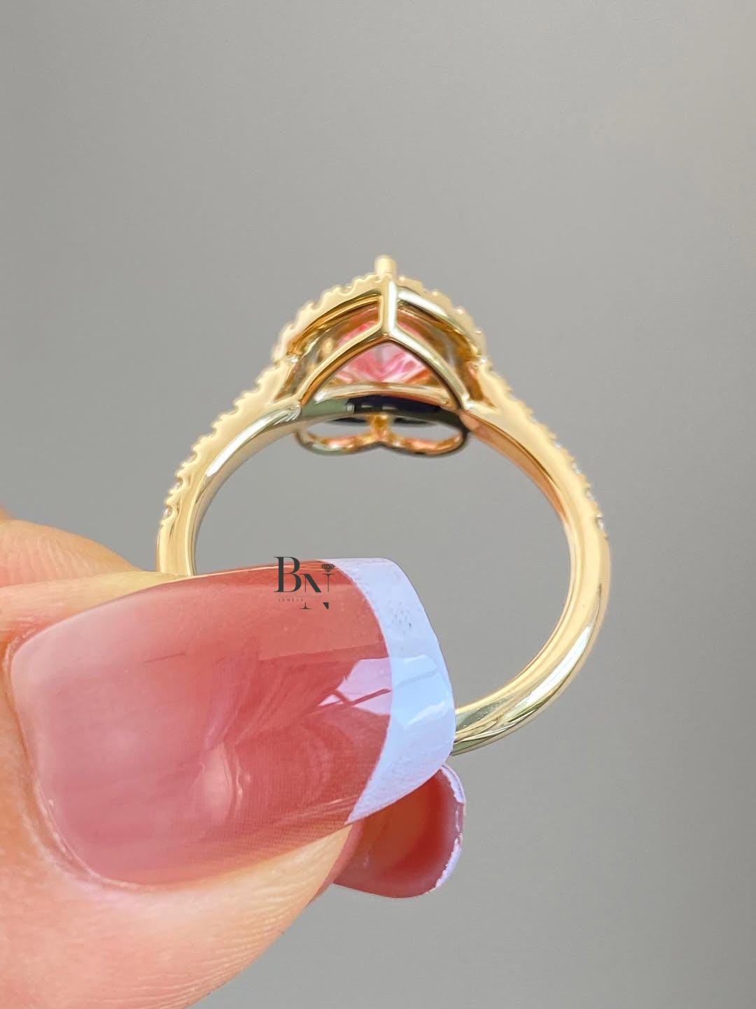 1.50 CT Heart IGI Certified Pink Lab Diamond Ring, Halo Engagement Ring, Yellow Gold Pave Band, Promise Ring For Her, Anniversary Gift