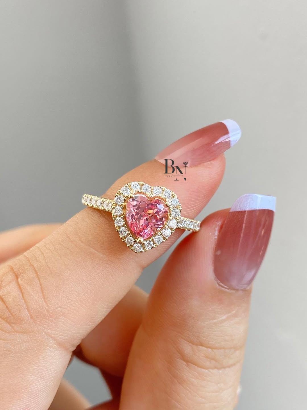1.50 CT Heart IGI Certified Pink Lab Diamond Ring, Halo Engagement Ring, Yellow Gold Pave Band, Promise Ring For Her, Anniversary Gift