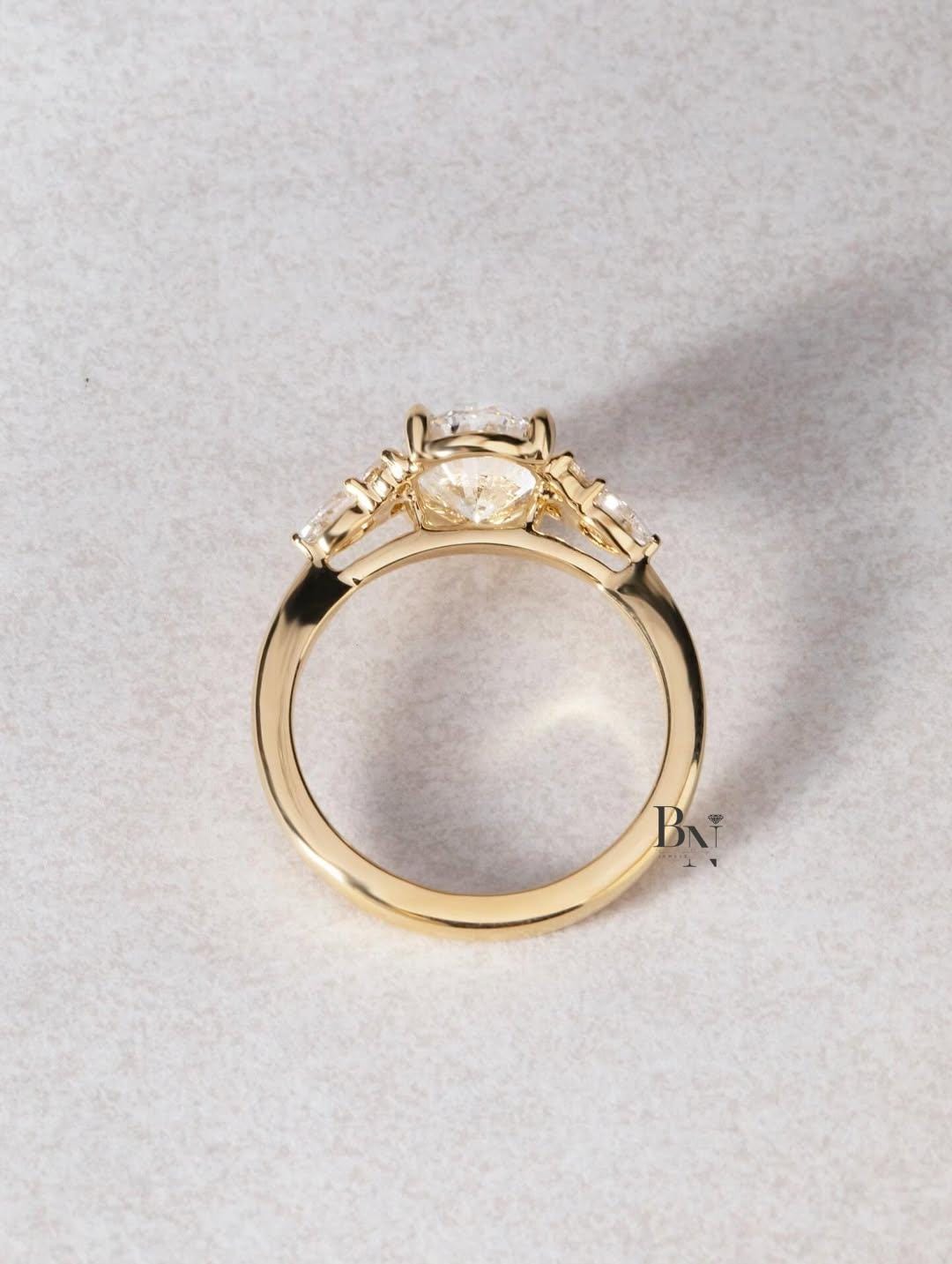 2 Carat Oval Lab Diamond Engagement Ring | Unique Cluster Ring with Pear Side Stones | Ethical Nature Inspired Proposal Gift