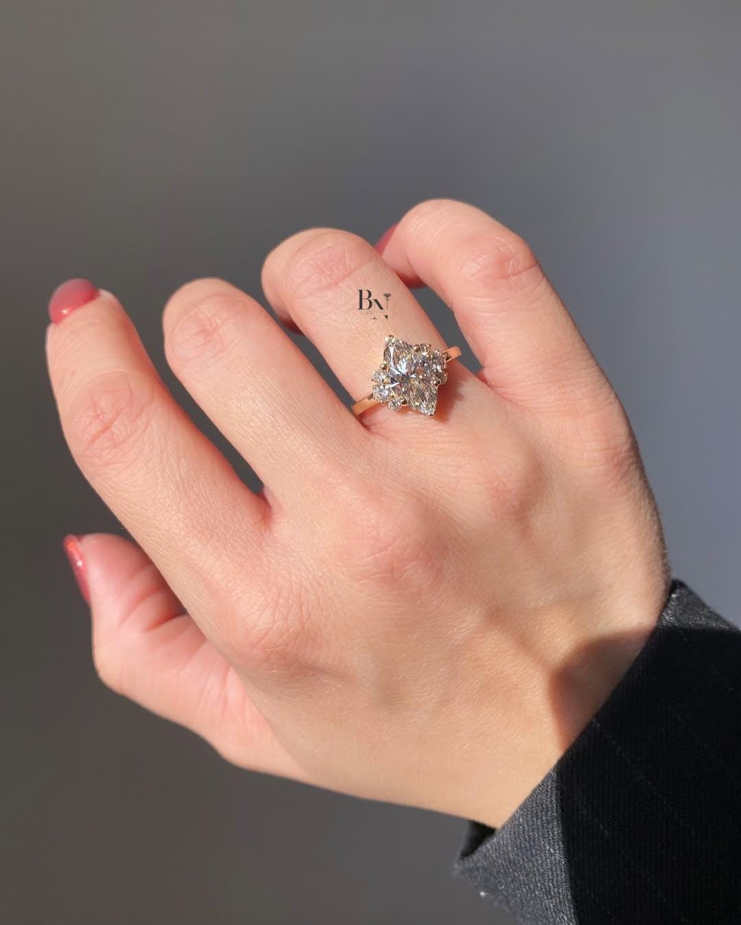 2 Carat Marquise Lab Diamond Engagement Ring | Unique Cluster Ring with Round Side Stones | Ethical Nature Inspired Proposal Gift