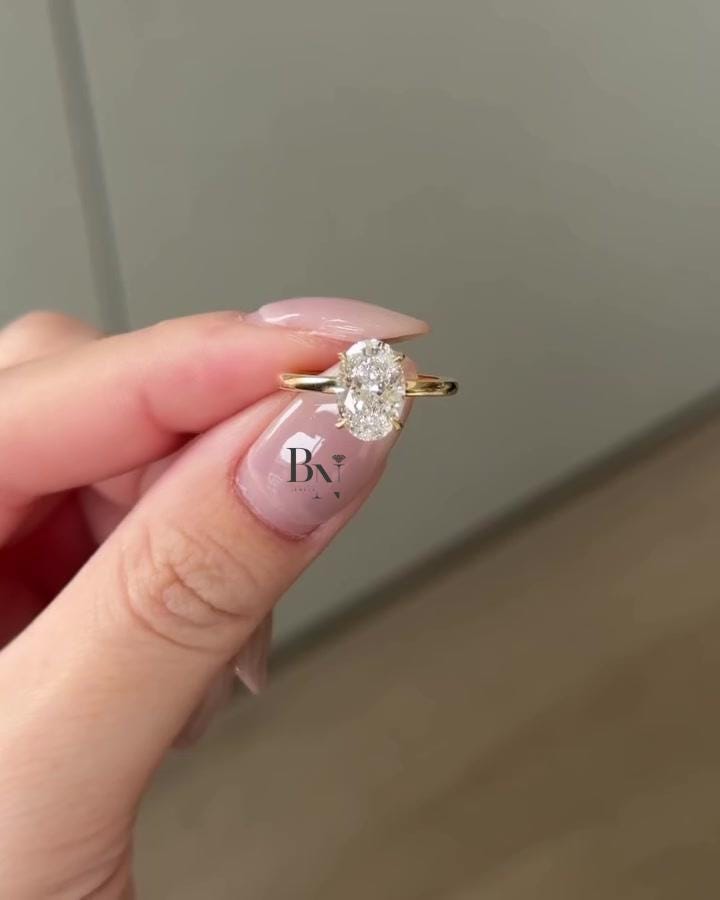 1.5 Carat Oval Lab Diamond Ring | 18K Yellow Gold Hidden Halo Engagement Ring | Ethical Dainty Band Solitaire | Conflict-Free Gift For Her