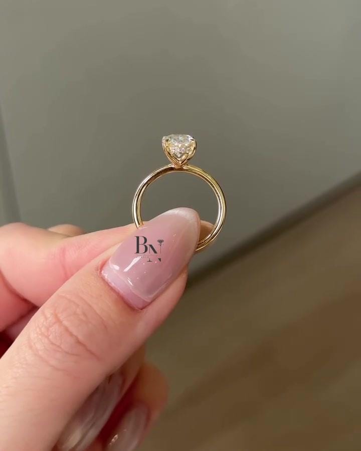 1.5 Carat Oval Lab Diamond Ring | 18K Yellow Gold Hidden Halo Engagement Ring | Ethical Dainty Band Solitaire | Conflict-Free Gift For Her