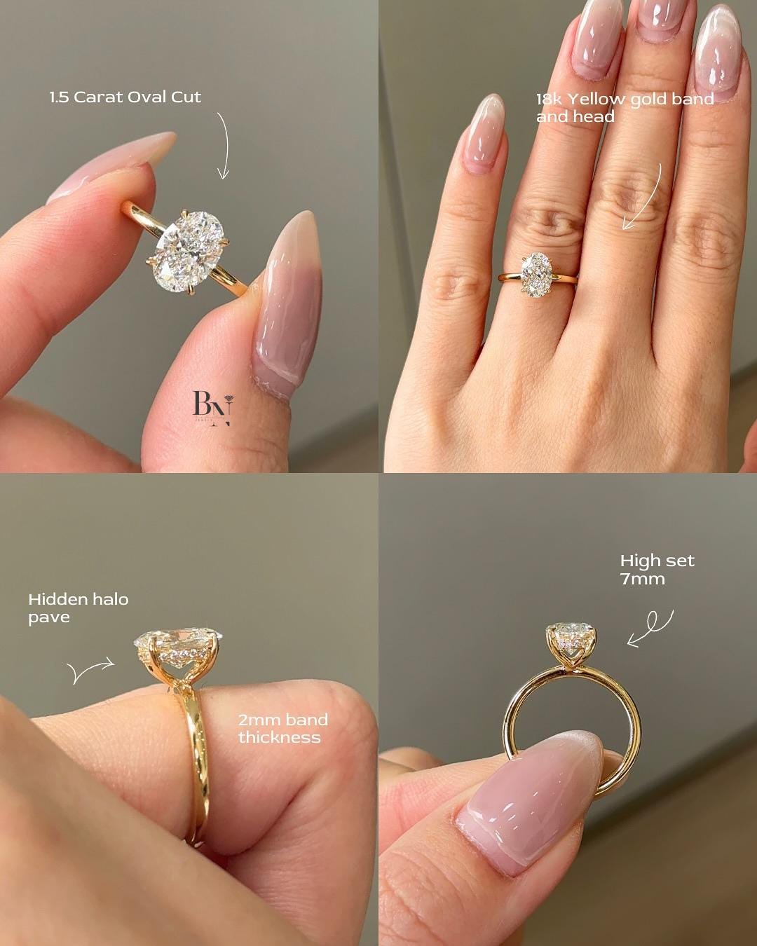 1.5 Carat Oval Lab Diamond Ring | 18K Yellow Gold Hidden Halo Engagement Ring | Ethical Dainty Band Solitaire | Conflict-Free Gift For Her