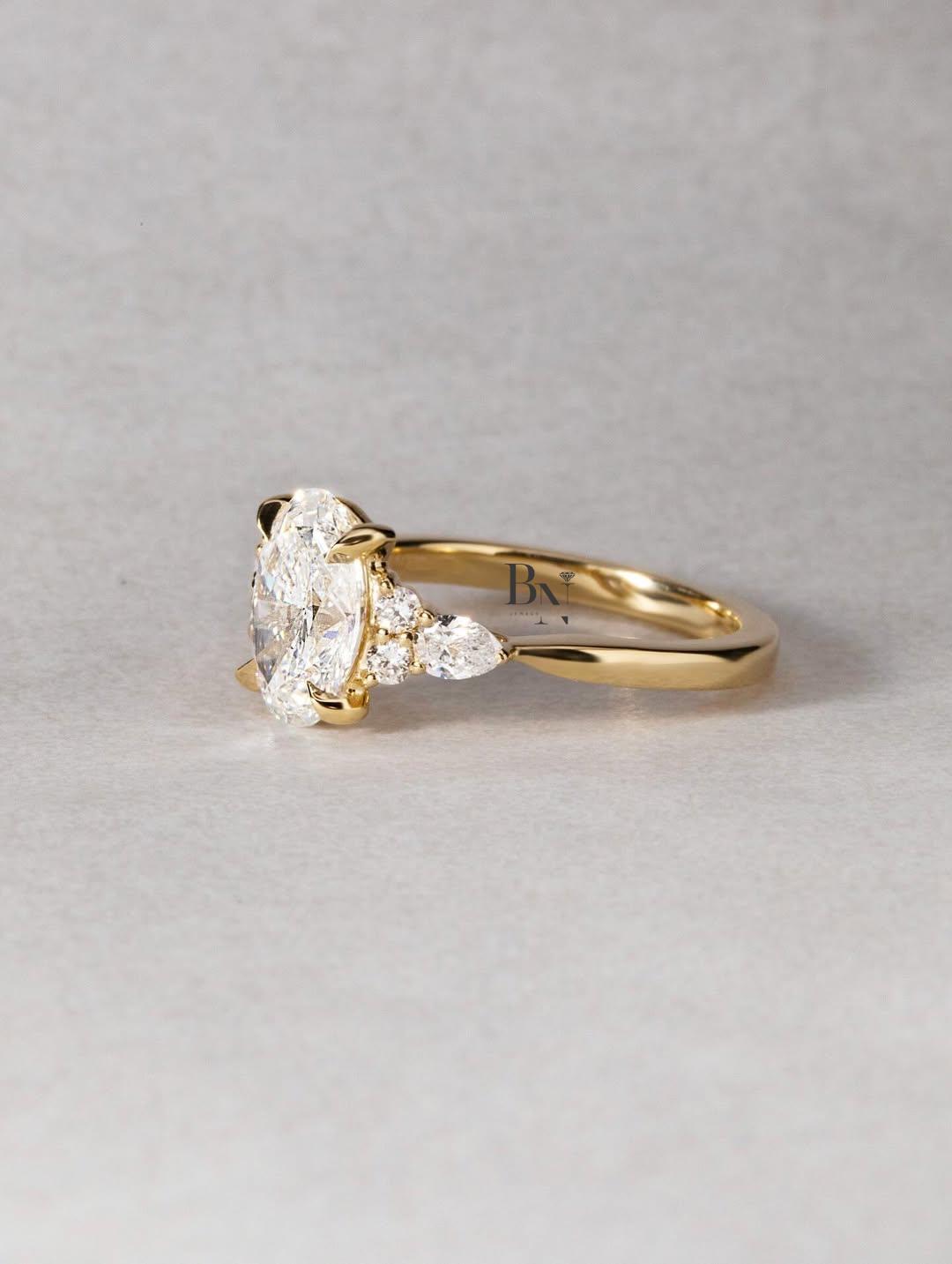 2 Carat Oval Lab Diamond Engagement Ring | Unique Cluster Ring with Pear Side Stones | Ethical Nature Inspired Proposal Gift