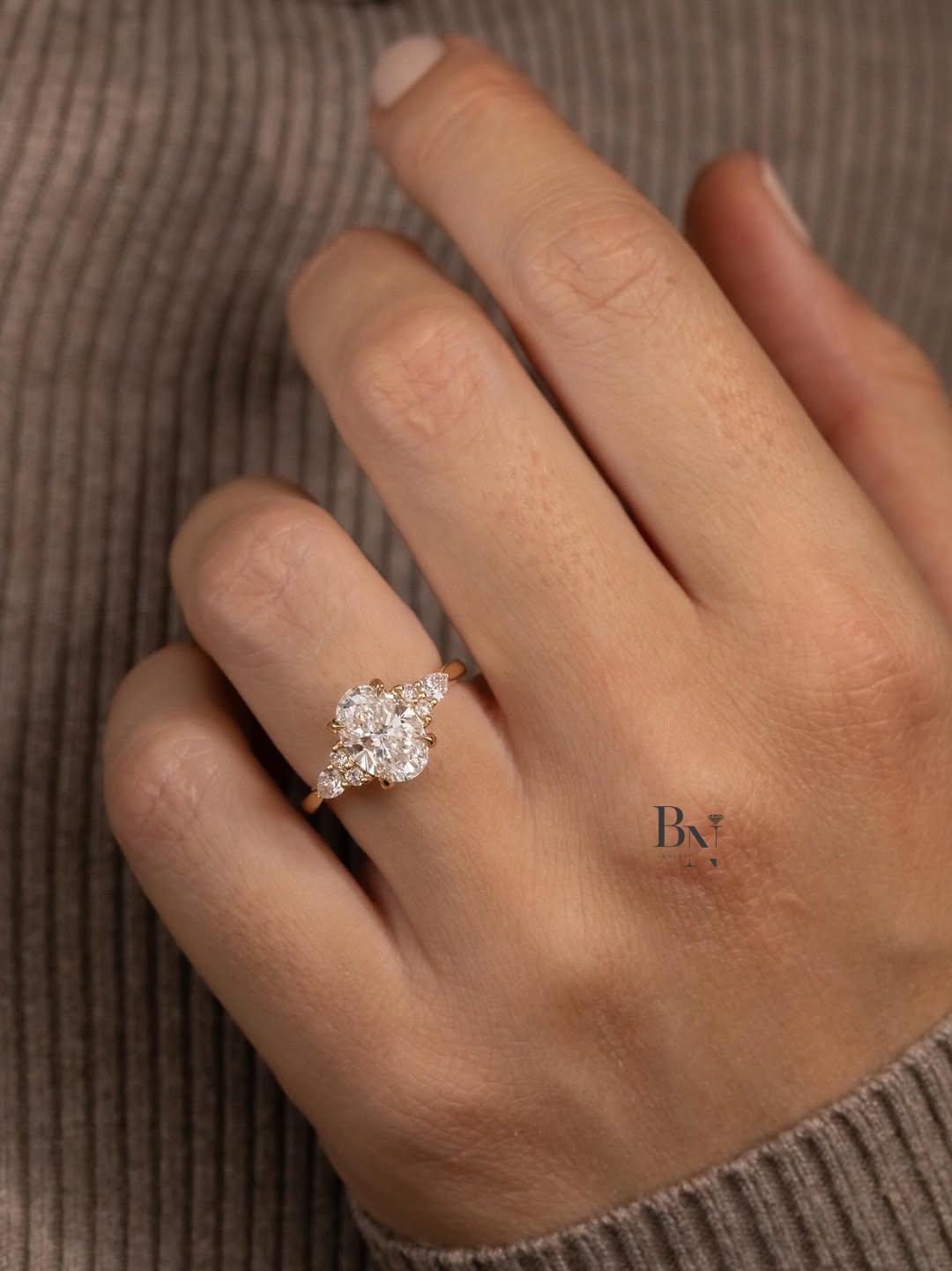 2 Carat Oval Lab Diamond Engagement Ring | Unique Cluster Ring with Pear Side Stones | Ethical Nature Inspired Proposal Gift