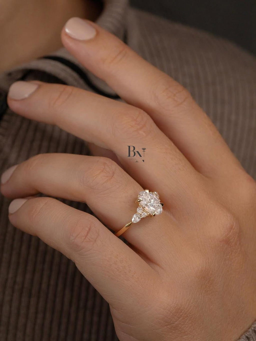 2 Carat Oval Lab Diamond Engagement Ring | Unique Cluster Ring with Pear Side Stones | Ethical Nature Inspired Proposal Gift