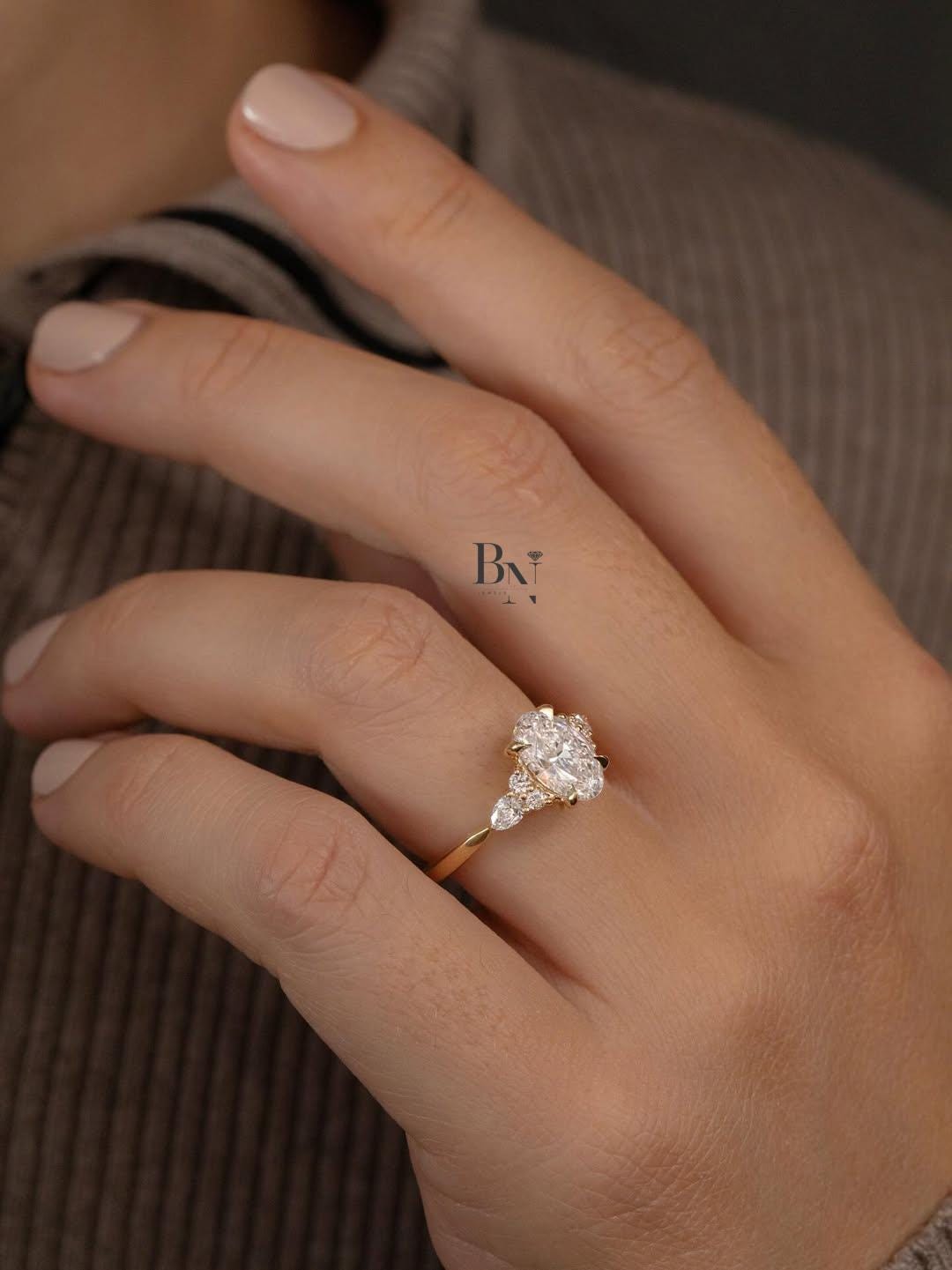 2 Carat Oval Lab Diamond Engagement Ring | Unique Cluster Ring with Pear Side Stones | Ethical Nature Inspired Proposal Gift