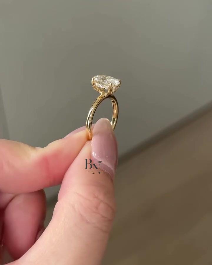 1.5 Carat Oval Lab Diamond Ring | 18K Yellow Gold Hidden Halo Engagement Ring | Ethical Dainty Band Solitaire | Conflict-Free Gift For Her
