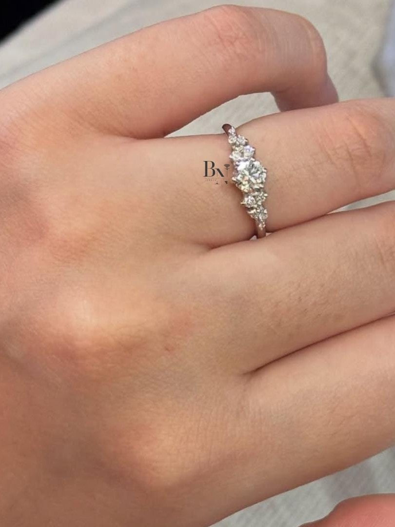 0.50 Carat Lab Diamond Cluster Ring | Dainty Asymmetrical Engagement Ring | White Gold Nature Inspired Ring | IGI Certified Unique Wedding