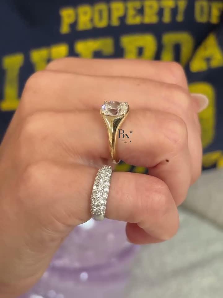 2 Carat Old Mine Cut Lab Diamond Ring | Yellow Gold Signet Engagement Ring | Chunky Vintage Style Bezel Ring | IGI Certified Modern Ring
