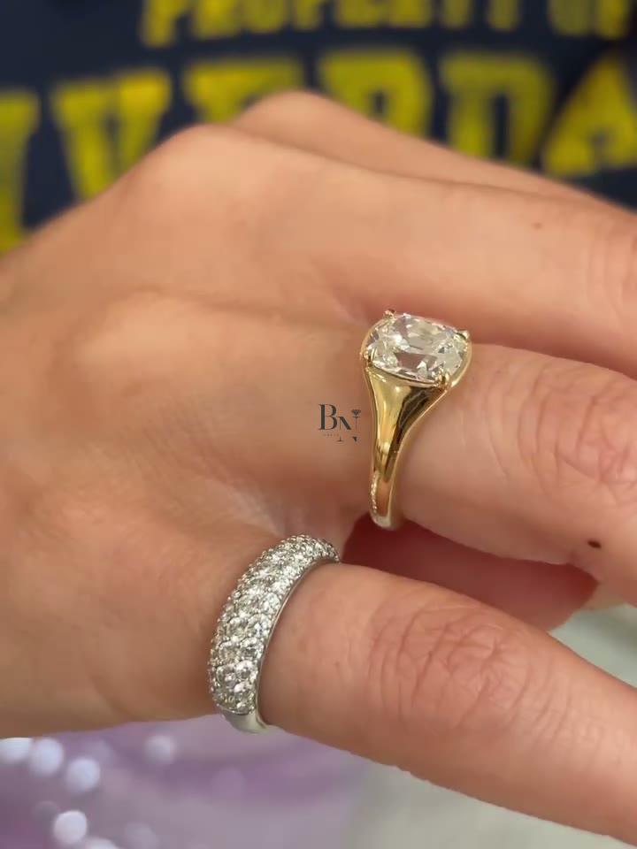 2 Carat Old Mine Cut Lab Diamond Ring | Yellow Gold Signet Engagement Ring | Chunky Vintage Style Bezel Ring | IGI Certified Modern Ring