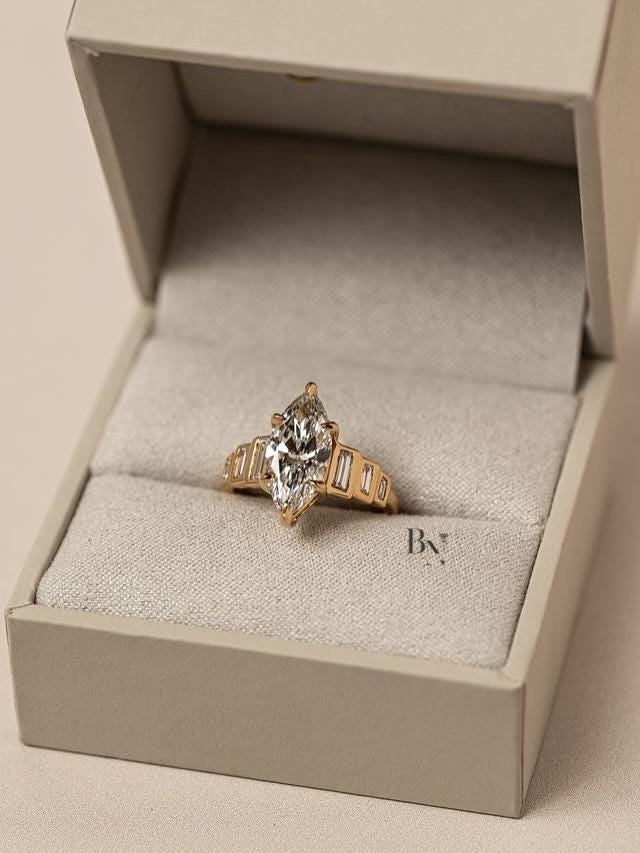 2 Carat Marquise Lab Diamond Art Deco Ring | Engagement Ring with Baguette Side Stones | Yellow Gold Vintage Ring | IGI Certified LabDiamond