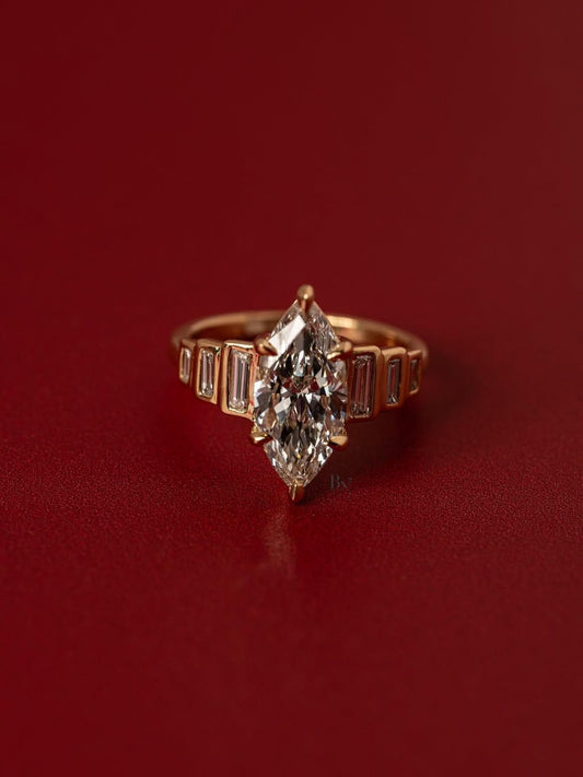 2 Carat Marquise Lab Diamond Art Deco Ring | Engagement Ring with Baguette Side Stones | Yellow Gold Vintage Ring | IGI Certified LabDiamond