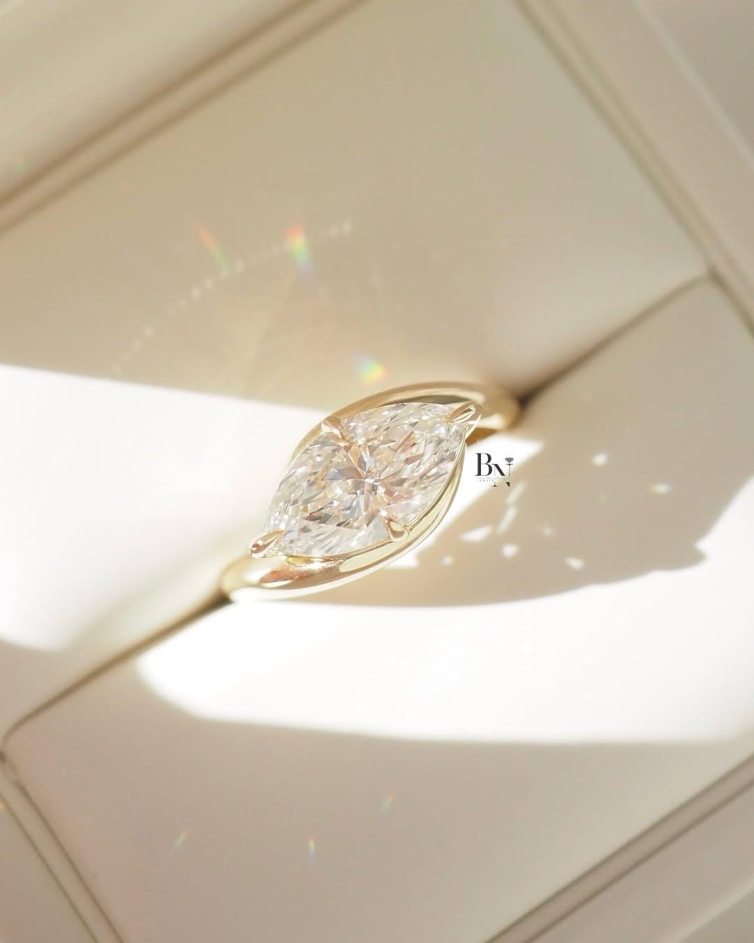 2 Carat East West Marquise Lab Diamond Ring | Modern Bypass Engagement Ring | Yellow Gold Tension Style Ring | IGI Certified Unique Ring