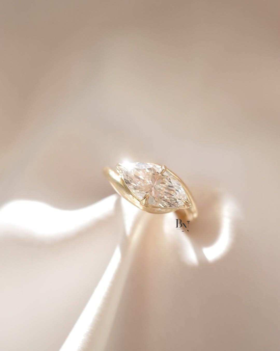 2 Carat East West Marquise Lab Diamond Ring | Modern Bypass Engagement Ring | Yellow Gold Tension Style Ring | IGI Certified Unique Ring