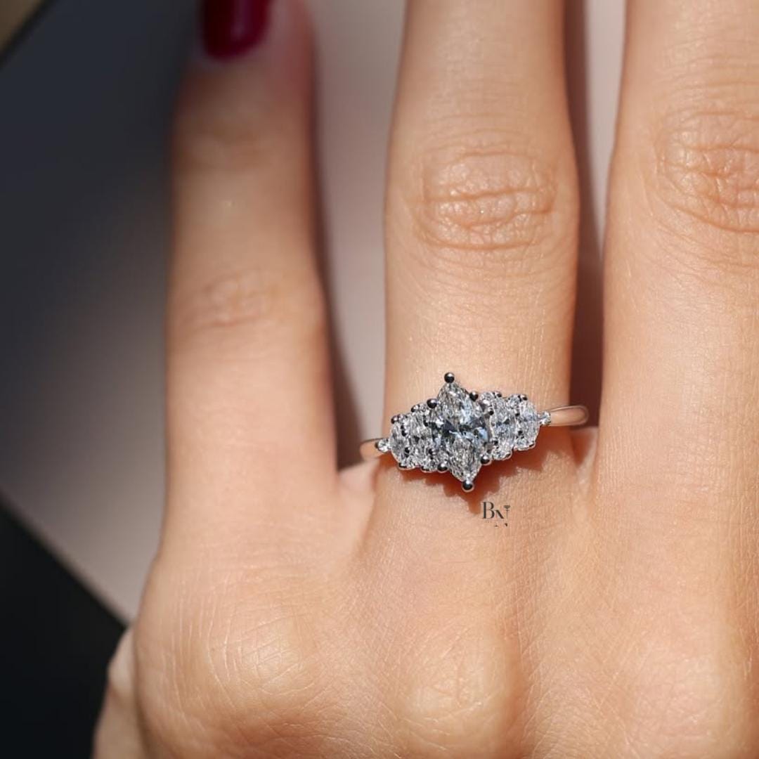1.00  CT Marquise Lab Diamond Cluster Ring | Vintage Engagement Ring White Gold | Art Deco 5 Stone Ring | IGI Certified Unique Wedding Ring