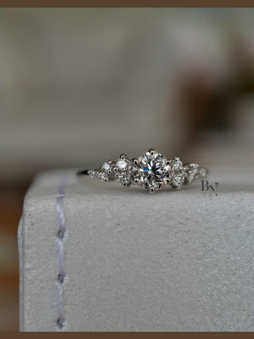 0.50 Carat Lab Diamond Cluster Ring | Dainty Asymmetrical Engagement Ring | White Gold Nature Inspired Ring | IGI Certified Unique Wedding