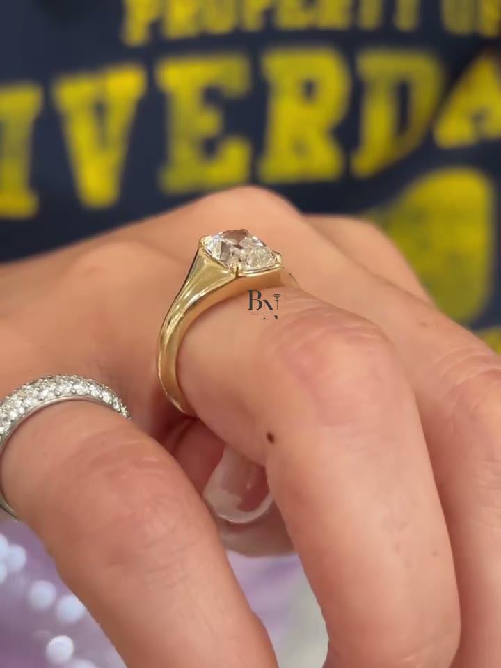 2 Carat Old Mine Cut Lab Diamond Ring | Yellow Gold Signet Engagement Ring | Chunky Vintage Style Bezel Ring | IGI Certified Modern Ring