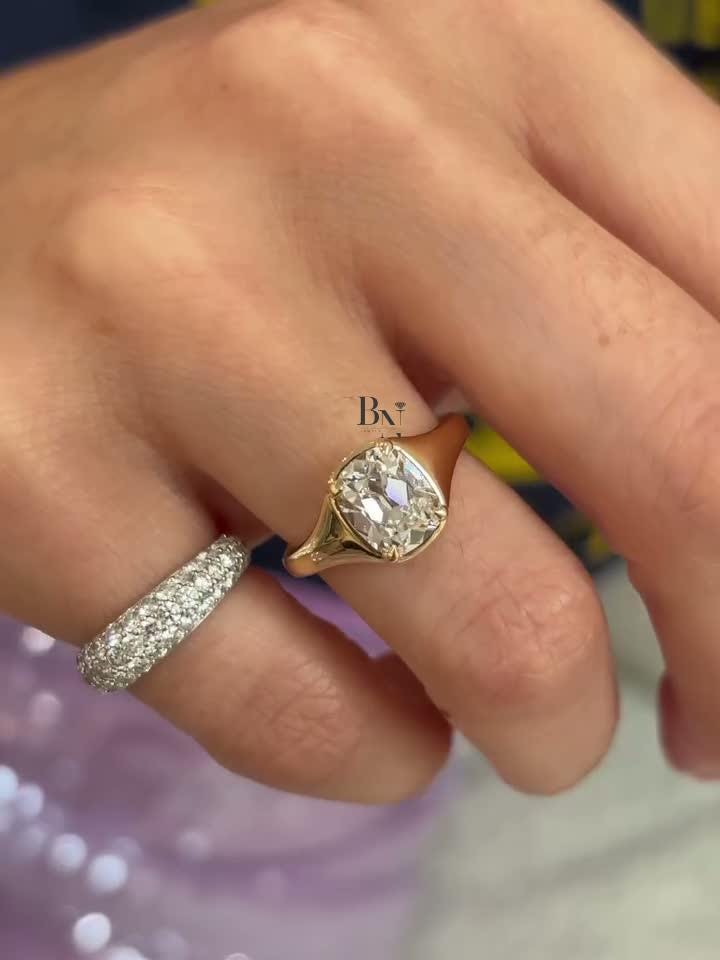 2 Carat Old Mine Cut Lab Diamond Ring | Yellow Gold Signet Engagement Ring | Chunky Vintage Style Bezel Ring | IGI Certified Modern Ring