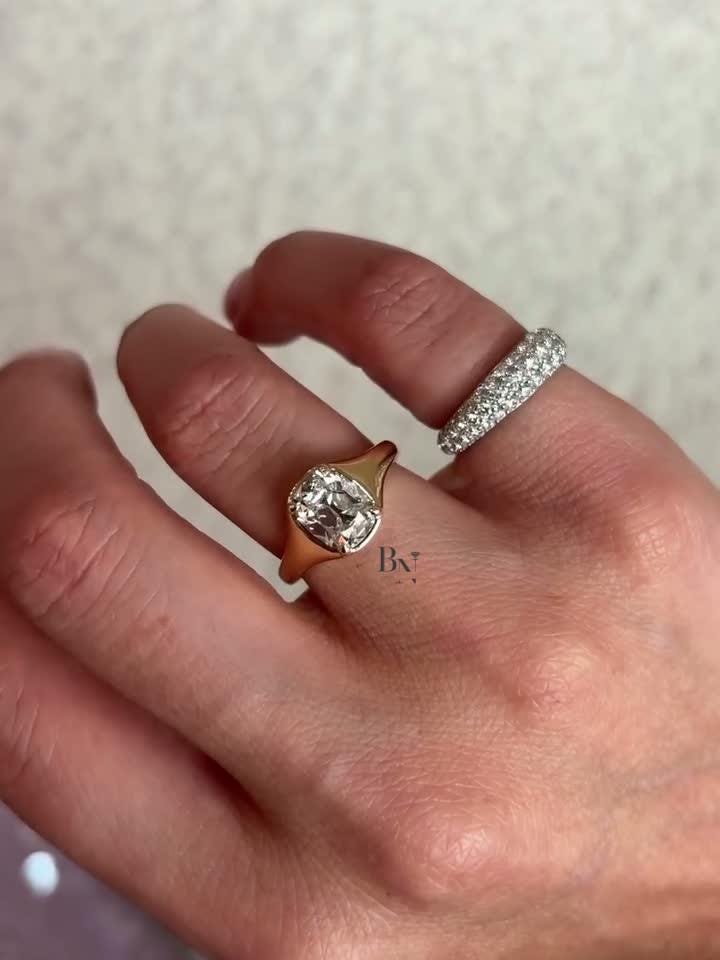 2 Carat Old Mine Cut Lab Diamond Ring | Yellow Gold Signet Engagement Ring | Chunky Vintage Style Bezel Ring | IGI Certified Modern Ring