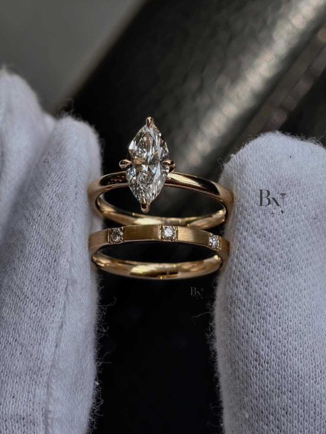 2 Carat Marquise Lab Diamond Bridal Set | Modern Wedding Set with Matte Gold Flush Set Band | Yellow Gold | IGI Certified Lab Diamond