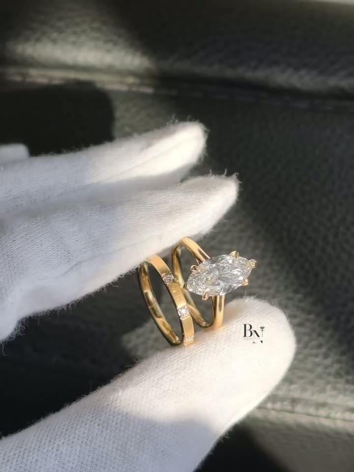 2 Carat Marquise Lab Diamond Bridal Set | Modern Wedding Set with Matte Gold Flush Set Band | Yellow Gold | IGI Certified Lab Diamond