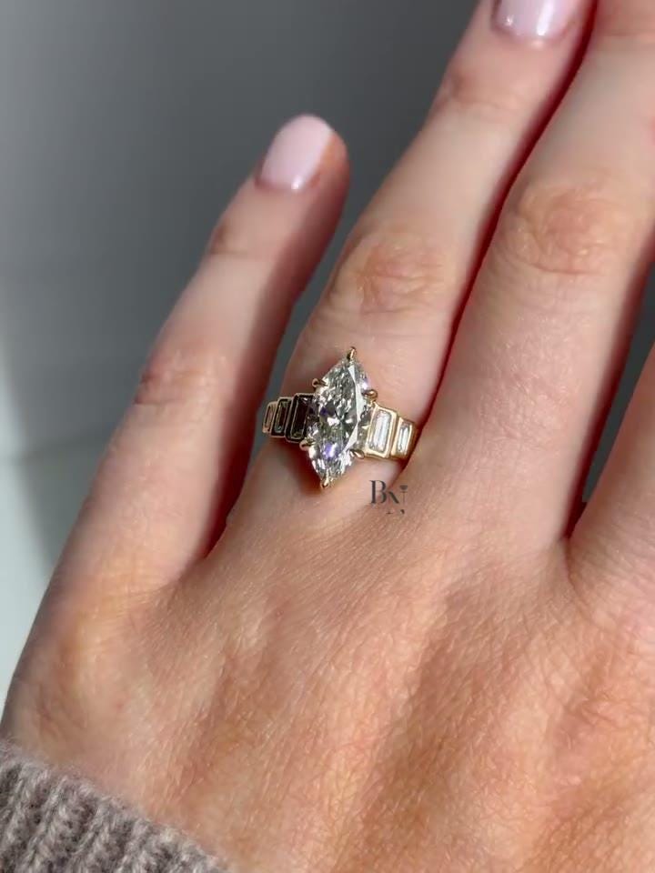 2 Carat Marquise Lab Diamond Art Deco Ring | Engagement Ring with Baguette Side Stones | Yellow Gold Vintage Ring | IGI Certified LabDiamond