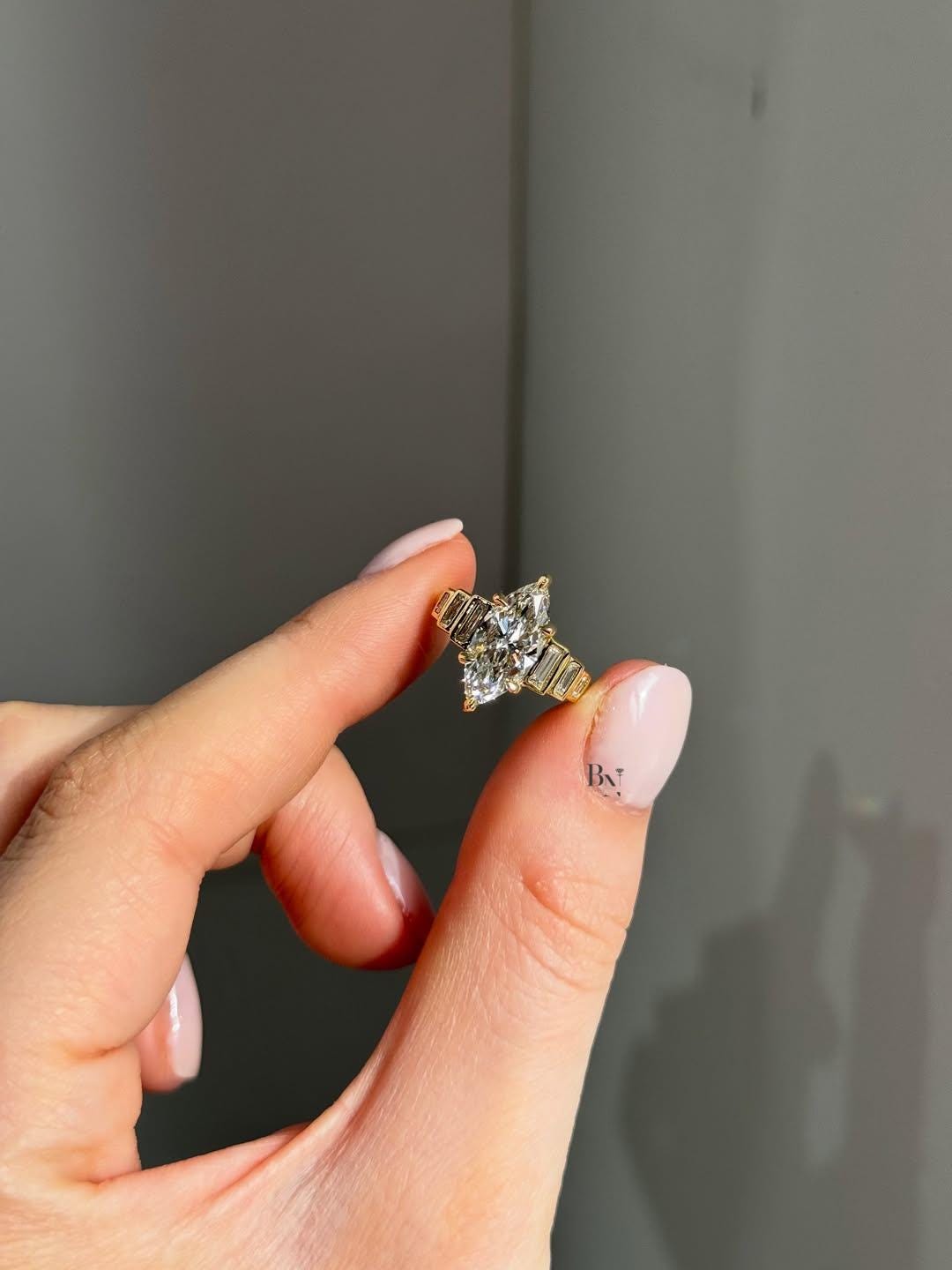 2 Carat Marquise Lab Diamond Art Deco Ring | Engagement Ring with Baguette Side Stones | Yellow Gold Vintage Ring | IGI Certified LabDiamond