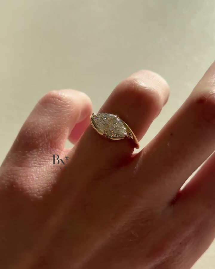 2 Carat East West Marquise Lab Diamond Ring | Modern Bypass Engagement Ring | Yellow Gold Tension Style Ring | IGI Certified Unique Ring