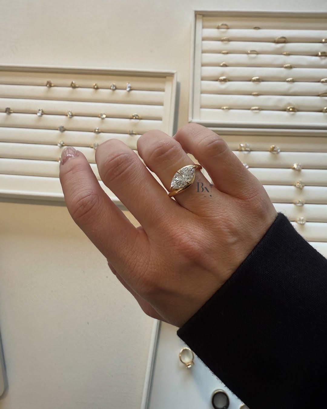 2 Carat East West Marquise Lab Diamond Ring | Modern Bypass Engagement Ring | Yellow Gold Tension Style Ring | IGI Certified Unique Ring