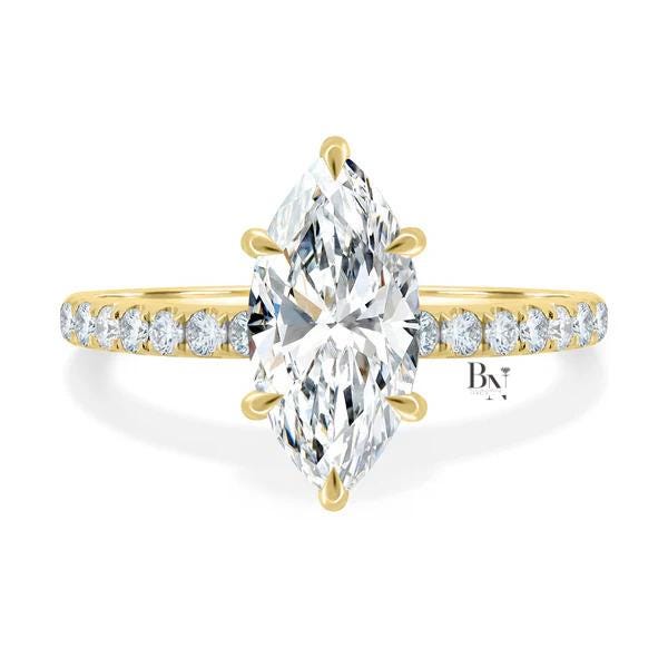 2 Carat Marquise Lab Diamond Ring | Pave Engagement Ring Yellow Gold | Elongated Vintage Wedding Ring | IGI Certified Statement Ring