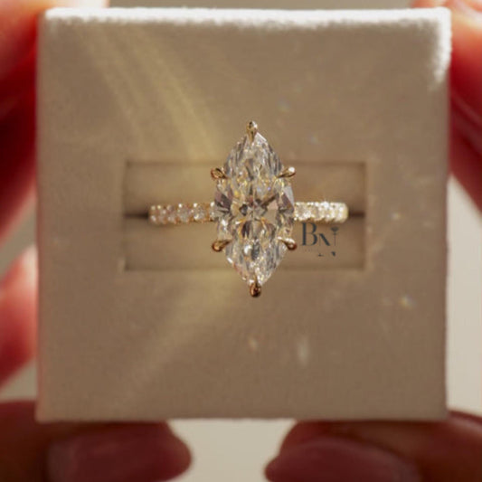 2 Carat Marquise Lab Diamond Ring | Pave Engagement Ring Yellow Gold | Elongated Vintage Wedding Ring | IGI Certified Statement Ring