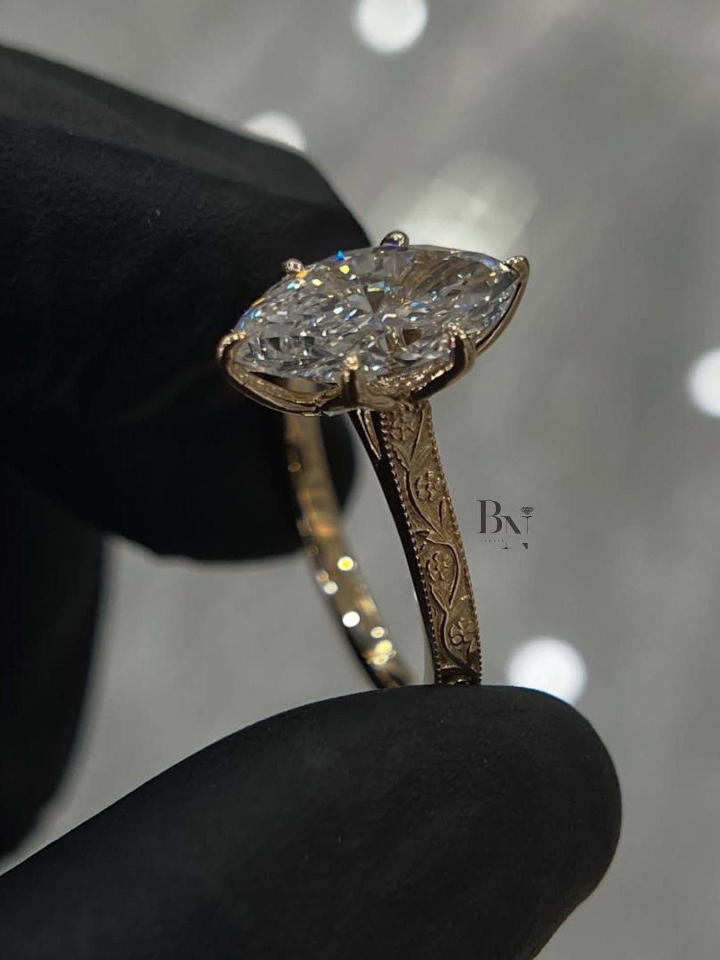 2 Carat Marquise Lab Grown Diamond Ring | Vintage Engraved Engagement Ring | Art Deco Wedding Band | Heirloom Quality Solitaire