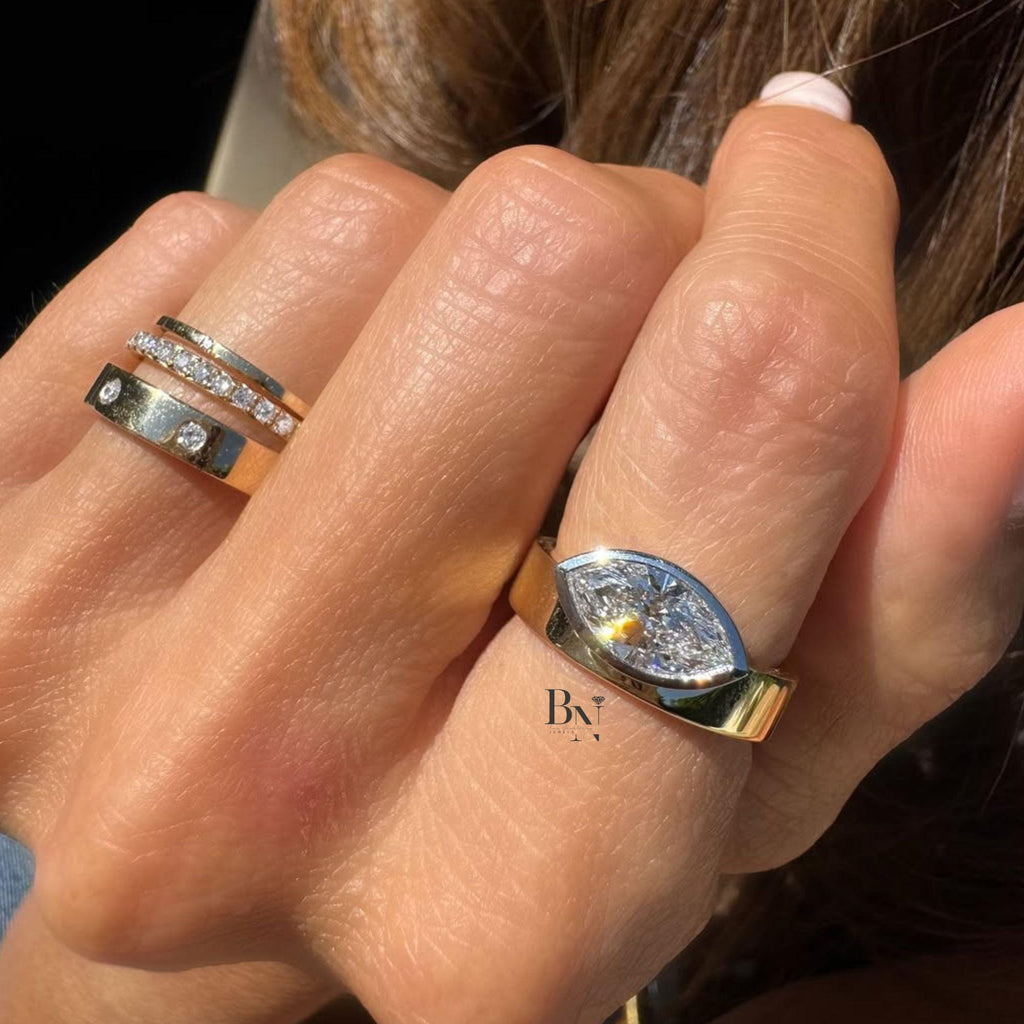2 Carat East West Lab Grown Diamond Ring | Wide Cigar Band Engagement Ring | Modern Bezel Setting | Luxury Chunky Wedding Ring | Gold Ring