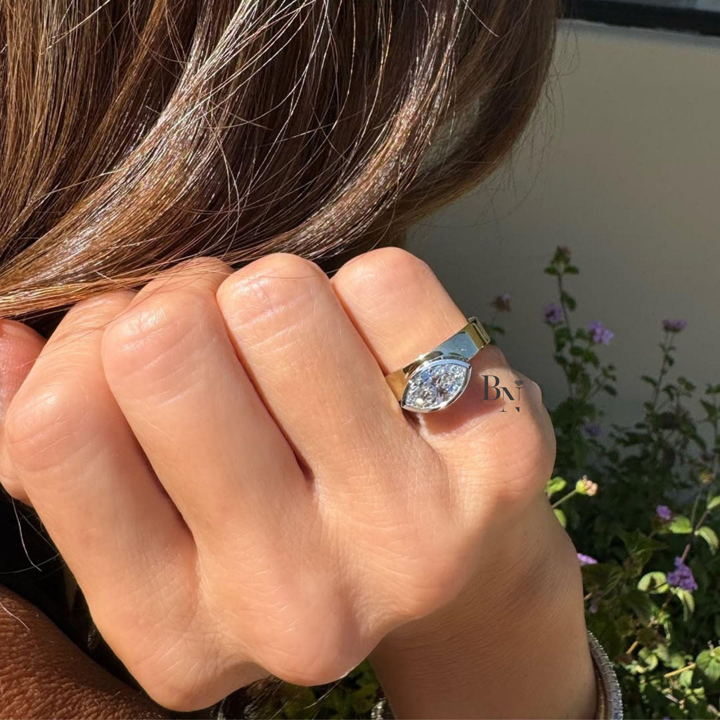 2 Carat East West Lab Grown Diamond Ring | Wide Cigar Band Engagement Ring | Modern Bezel Setting | Luxury Chunky Wedding Ring | Gold Ring