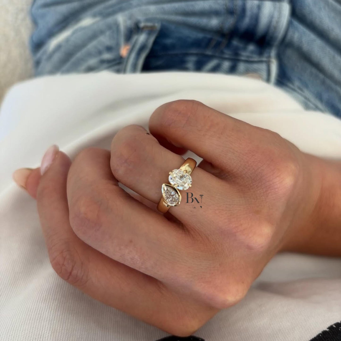 1.50 Carat Toi Et Moi Lab Grown Diamond Ring | Oval Pear Two Stone Ring | Chunky Cigar Band | Luxury Modern Engagement Ring | 14K Gold