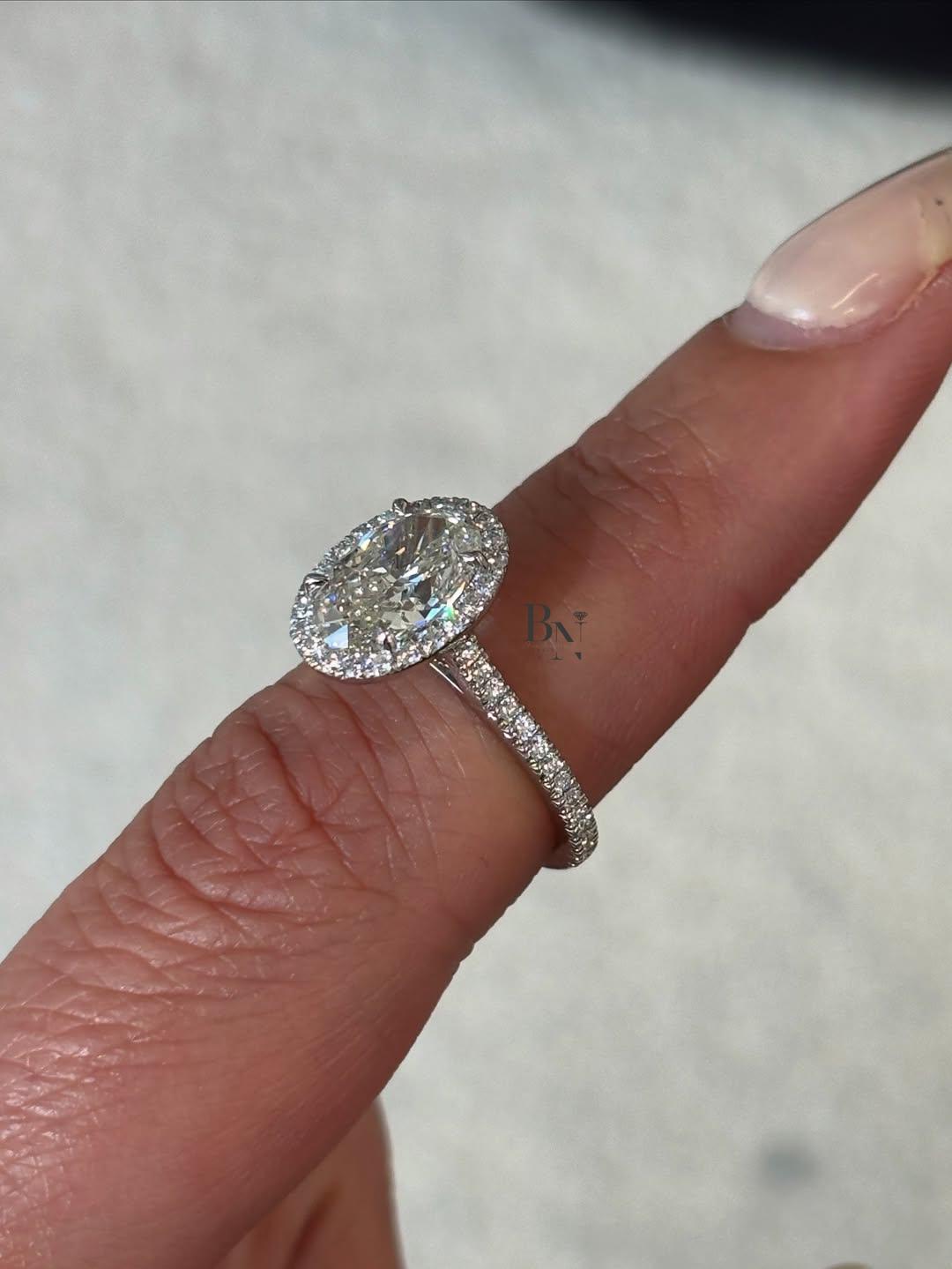 2 Carat Oval Lab Grown Diamond Ring | Halo Engagement Ring | 14K White Gold Pave Band | Luxury Wedding Ring for Women | US Bridal Jewelry