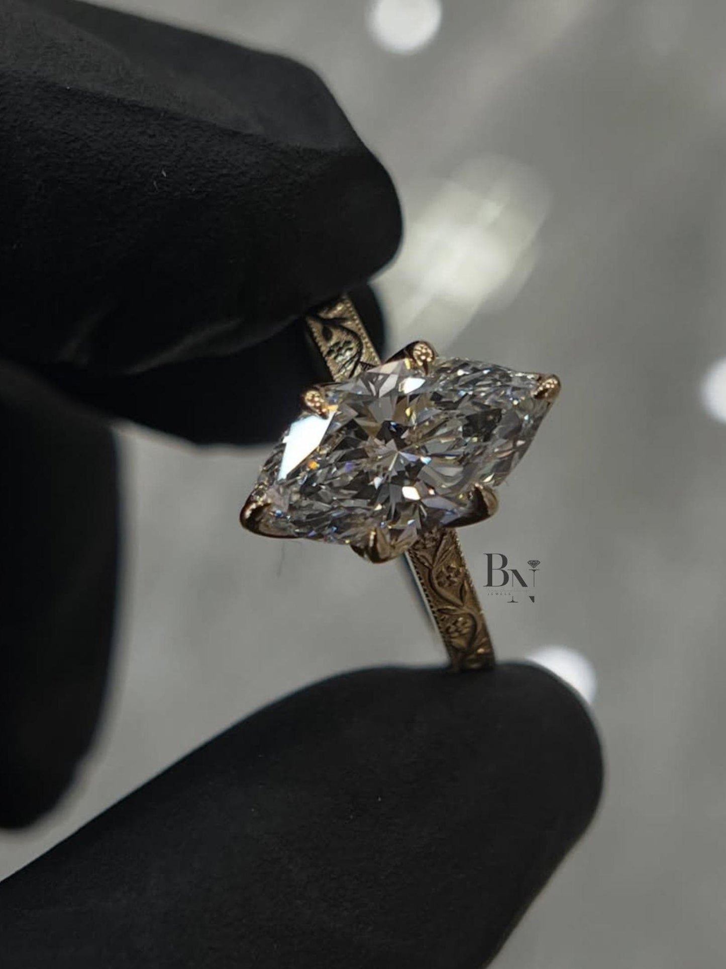 2 Carat Marquise Lab Grown Diamond Ring | Vintage Engraved Engagement Ring | Art Deco Wedding Band | Heirloom Quality Solitaire