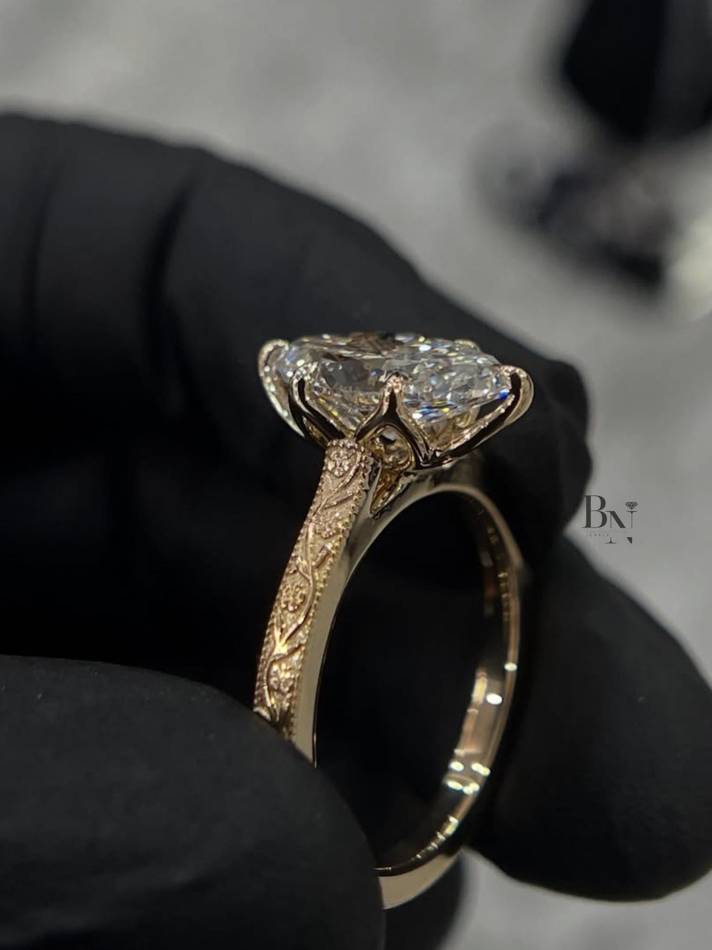 2 Carat Marquise Lab Grown Diamond Ring | Vintage Engraved Engagement Ring | Art Deco Wedding Band | Heirloom Quality Solitaire