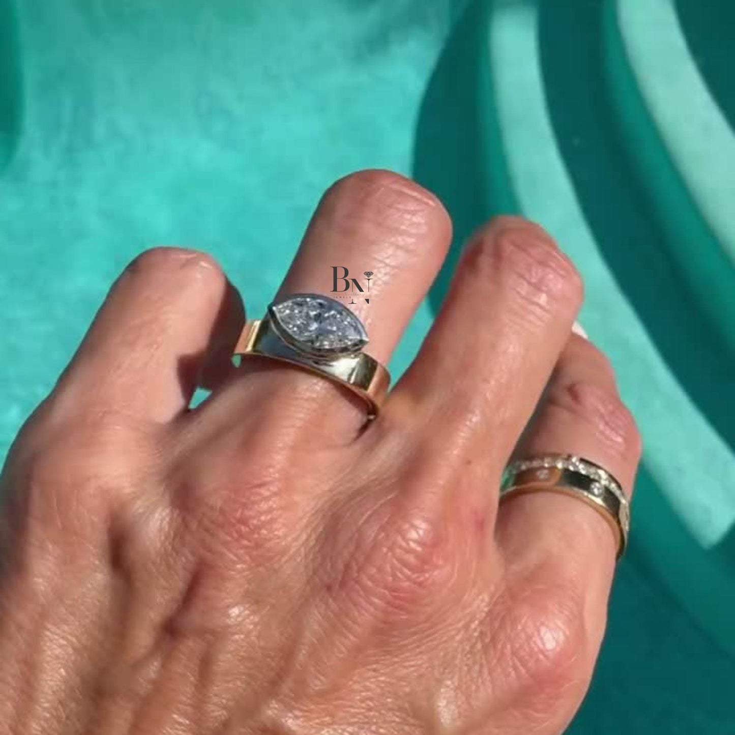 2 Carat East West Lab Grown Diamond Ring | Wide Cigar Band Engagement Ring | Modern Bezel Setting | Luxury Chunky Wedding Ring | Gold Ring