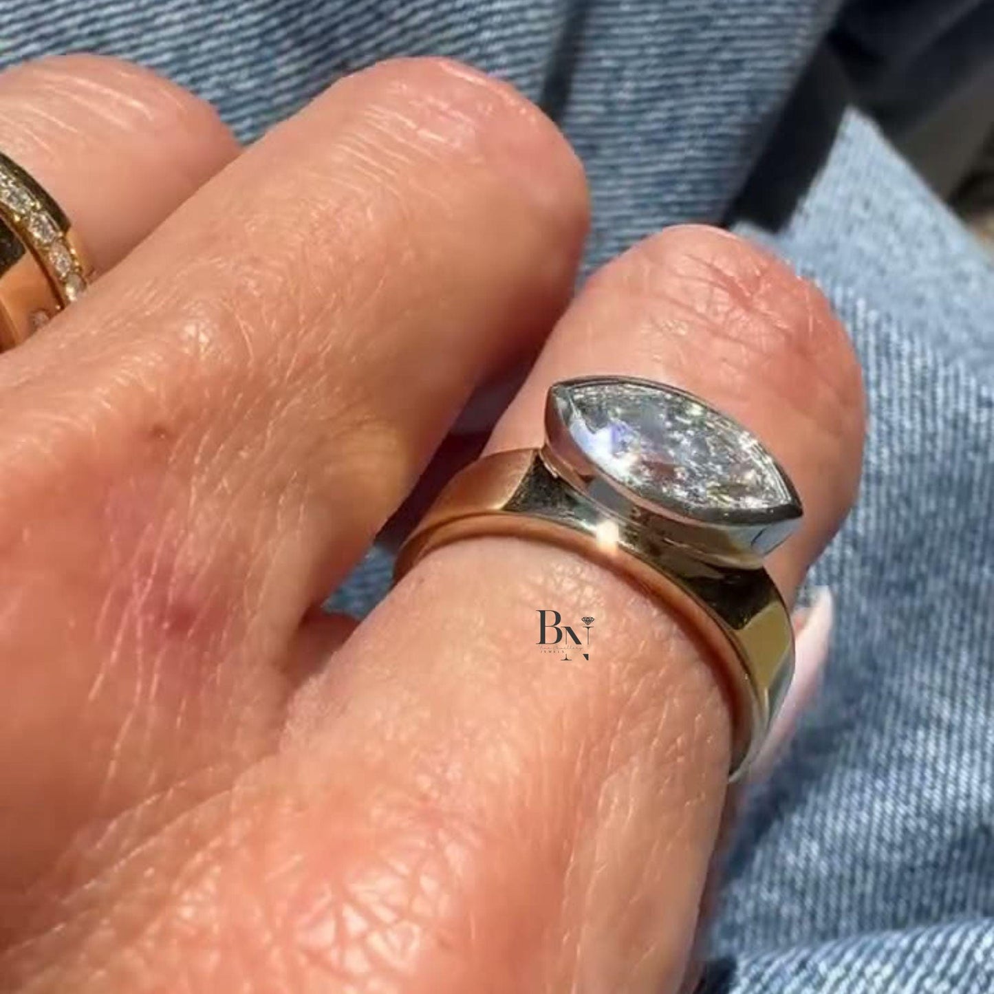 2 Carat East West Lab Grown Diamond Ring | Wide Cigar Band Engagement Ring | Modern Bezel Setting | Luxury Chunky Wedding Ring | Gold Ring