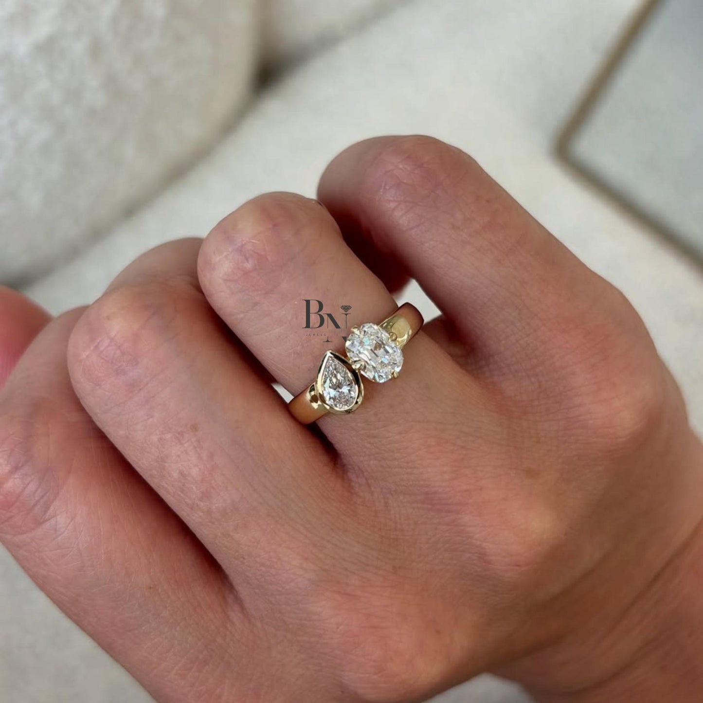 1.50 Carat Toi Et Moi Lab Grown Diamond Ring | Oval Pear Two Stone Ring | Chunky Cigar Band | Luxury Modern Engagement Ring | 14K Gold