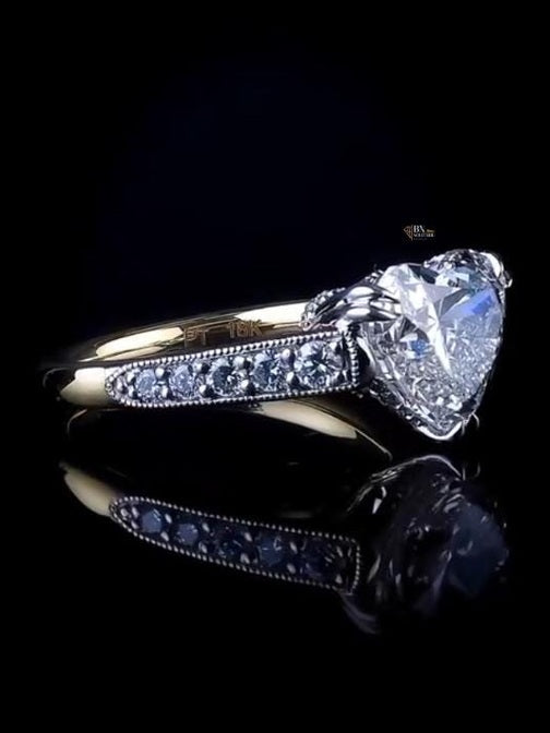3ct Heart Lab Diamond Hidden Halo Ring | Two Tone Milgrain Pave Engagement | Vintage Inspired Wedding Gift | IGI Certified Statement
