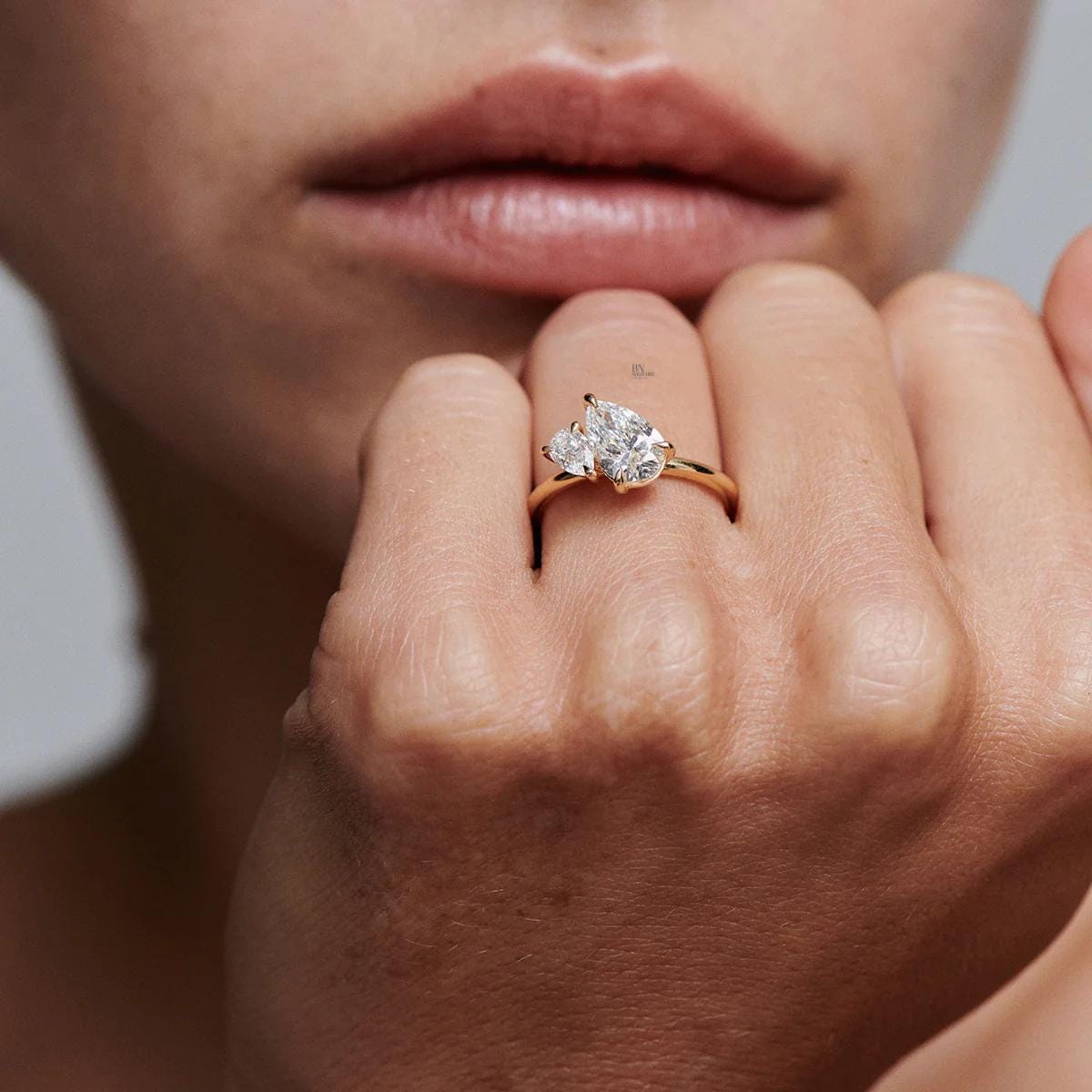 1 ctw Pear Lab Diamond Toi et Moi Ring | 14K Yellow Gold Asymmetrical Engagement | Two Stone Bypass Proposal Gift | Minimalist Luxury