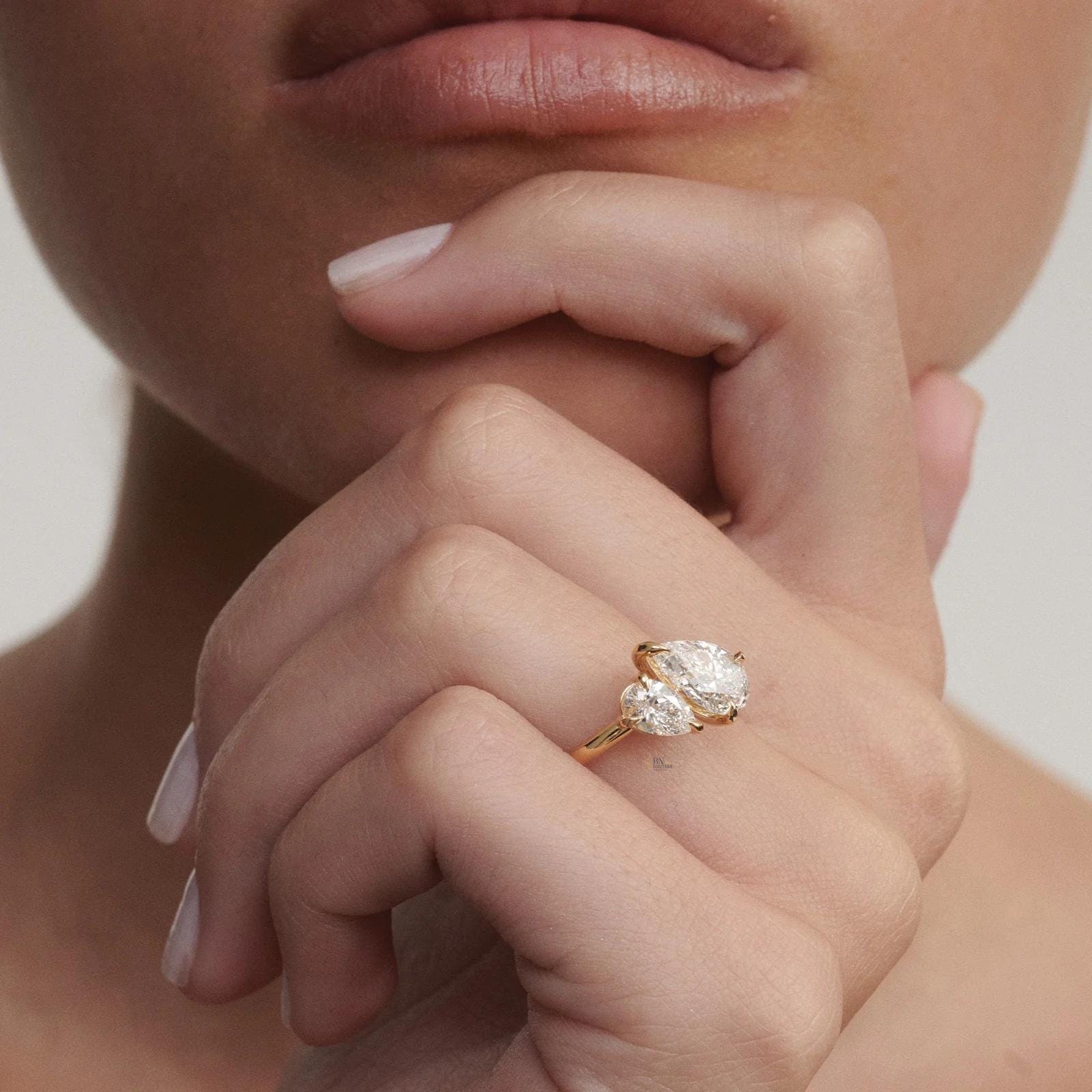 1 ctw Pear Lab Diamond Toi et Moi Ring | 14K Yellow Gold Asymmetrical Engagement | Two Stone Bypass Proposal Gift | Minimalist Luxury