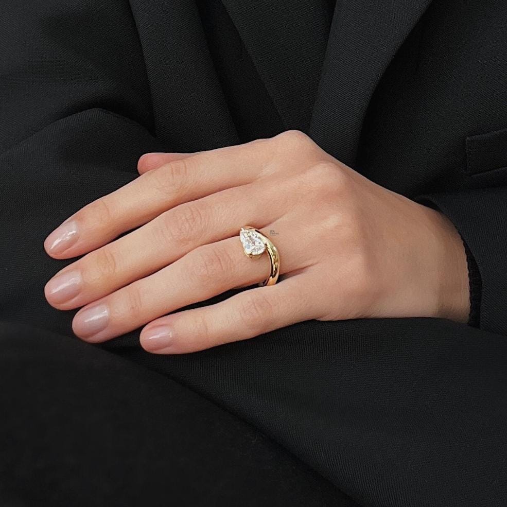 1.75ct Pear Lab Diamond Swirl Solitaire Ring |  Yellow Gold Chunky Bypass Engagement | Modern Sculptural Wedding Gift | IGI Certified